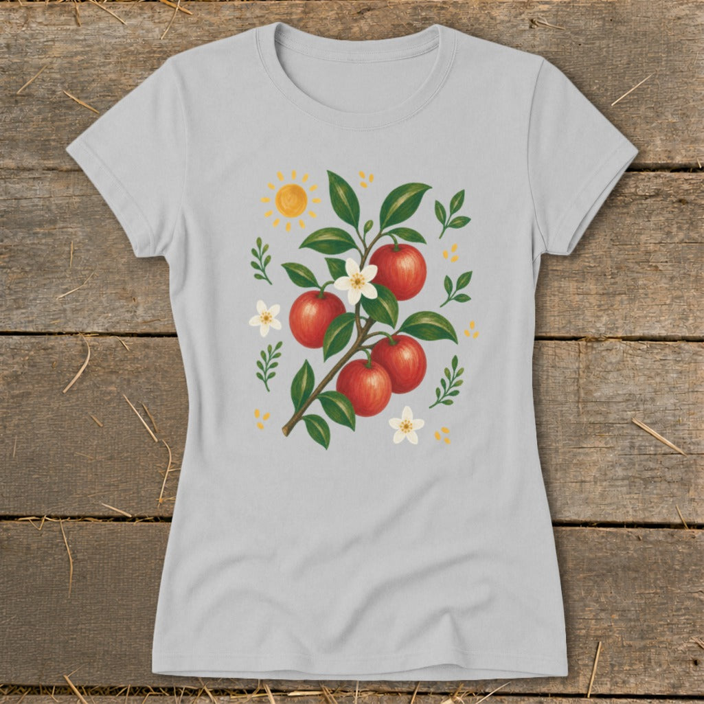 Light grey t-shirt with a graphic of red apples on a branch with flowers and sun.