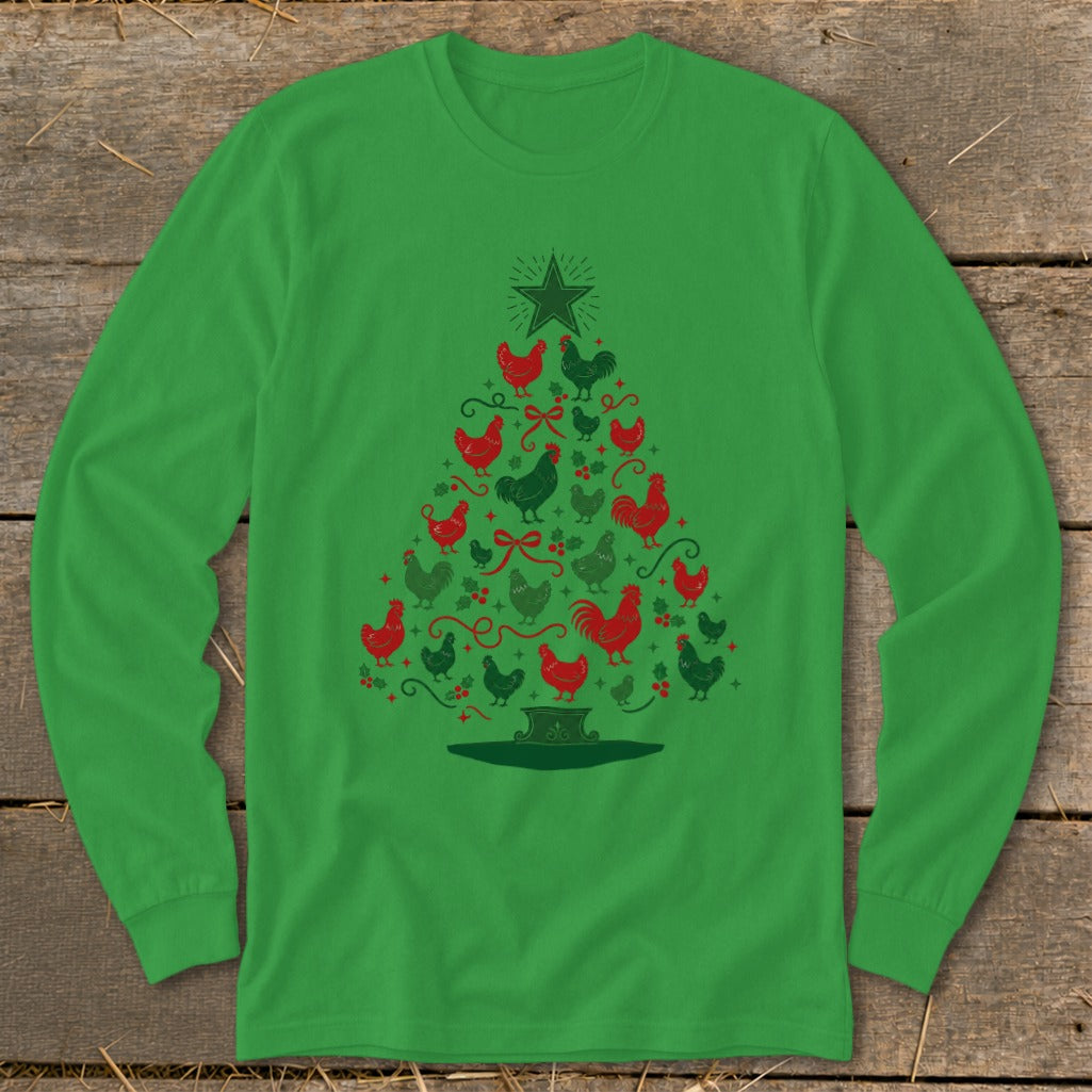 Green long-sleeve shirt with a Christmas tree made of red and green chickens.