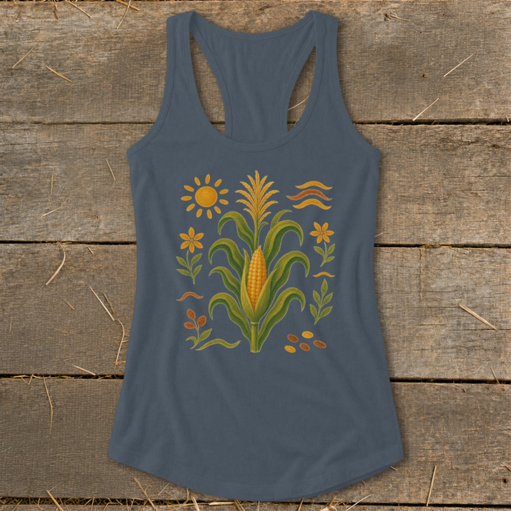 Corn stalk with sun, flowers, and leaves design on a grey tank top.