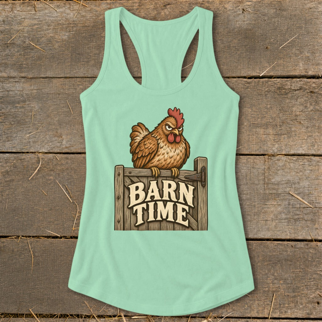 Mint green tank top with cartoon chicken sitting on a "BARN TIME" sign.