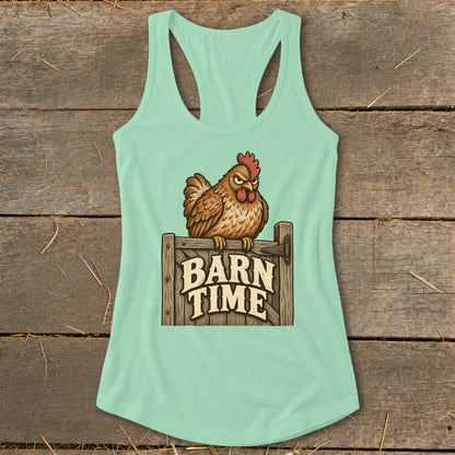 Mint green tank top with cartoon chicken sitting on a "BARN TIME" sign.