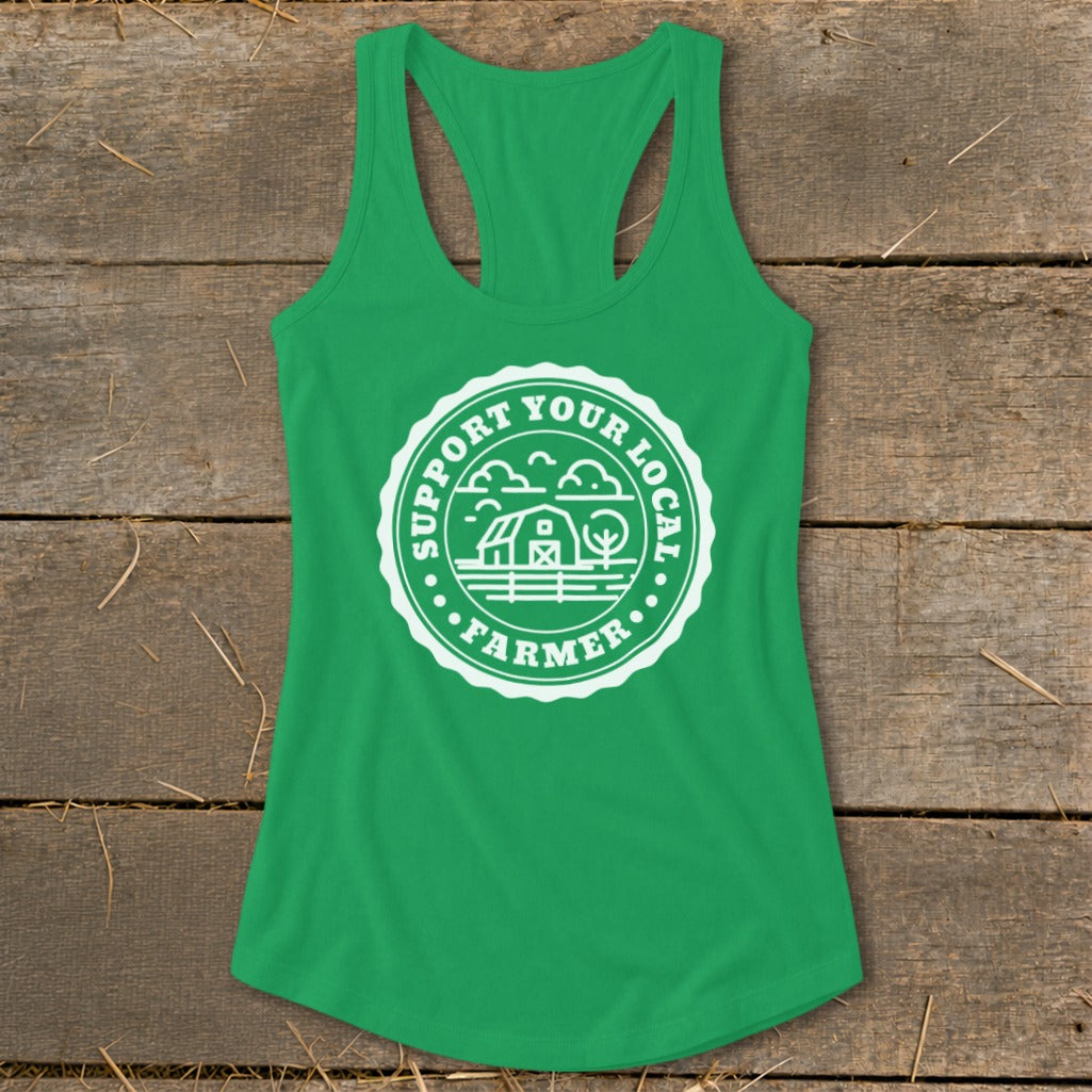 Green tank top with white circular "Support Your Local Farmer" graphic.