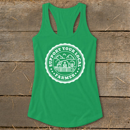 Green tank top with white circular "Support Your Local Farmer" graphic.