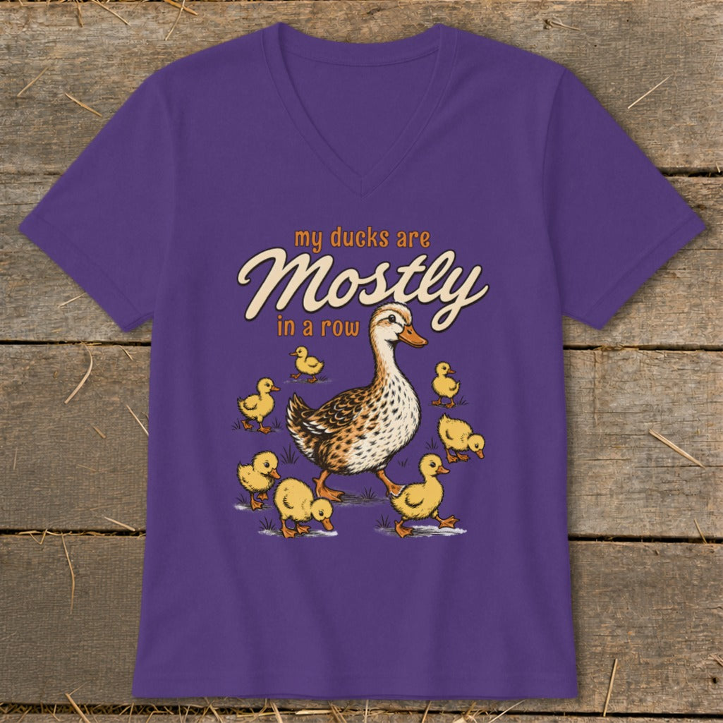 Purple t-shirt with "my ducks are Mostly in a row" and illustration of ducks.
