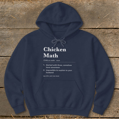 Navy hoodie with "Chicken Math" definition and humorous explanations.