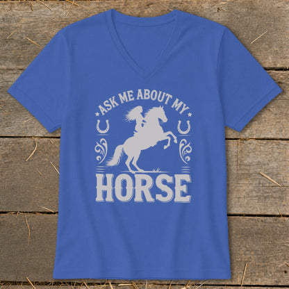 Blue v-neck t-shirt with "Ask Me About My Horse" graphic featuring a rider and horse.