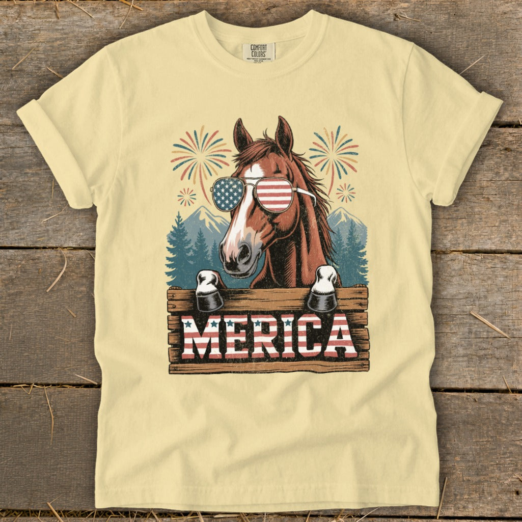 Horse wearing American flag sunglasses and the word "MERICA" on a wooden sign.