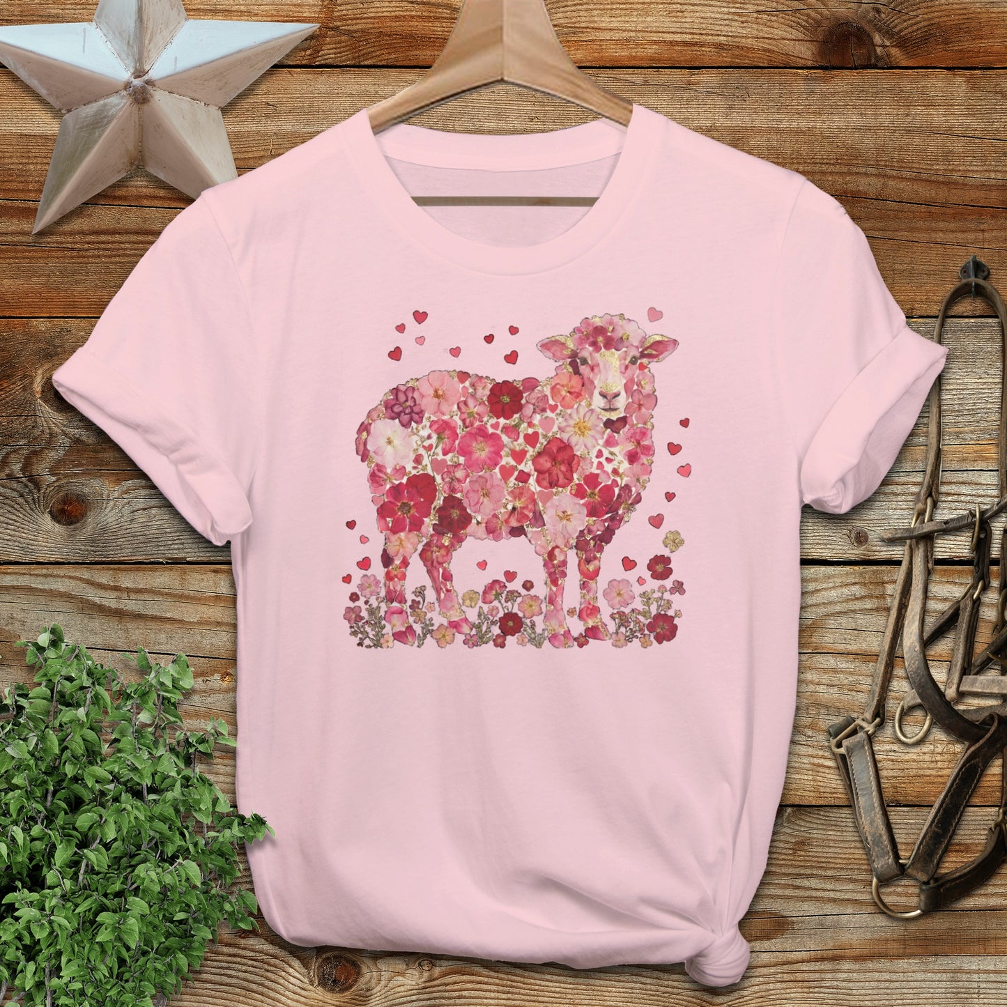 Floral Sheep Graphic Print Pink T-Shirt for Women