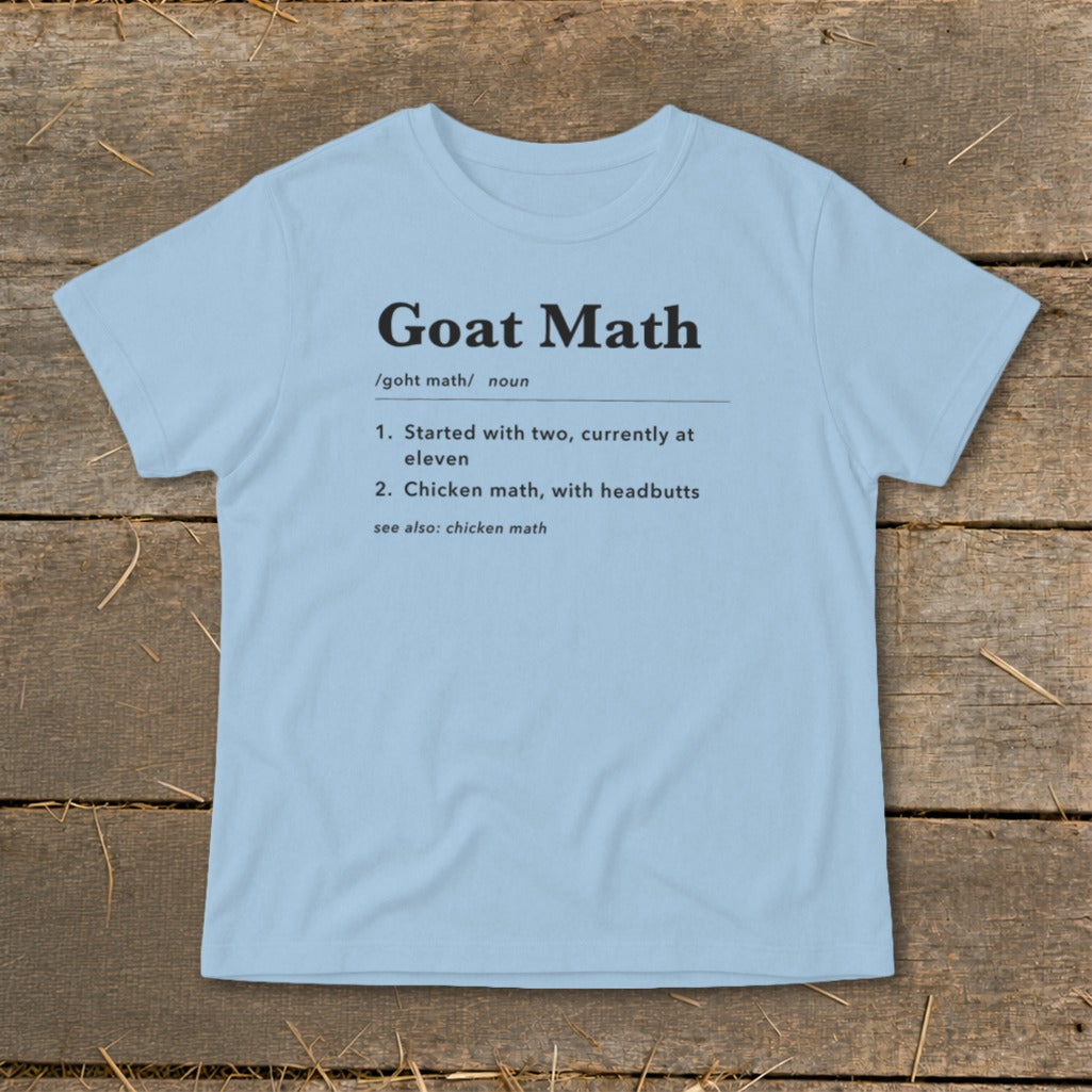 Light blue t-shirt with black text defining "Goat Math".