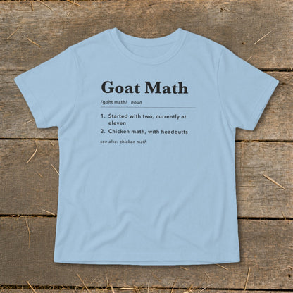 Light blue t-shirt with black text defining "Goat Math".