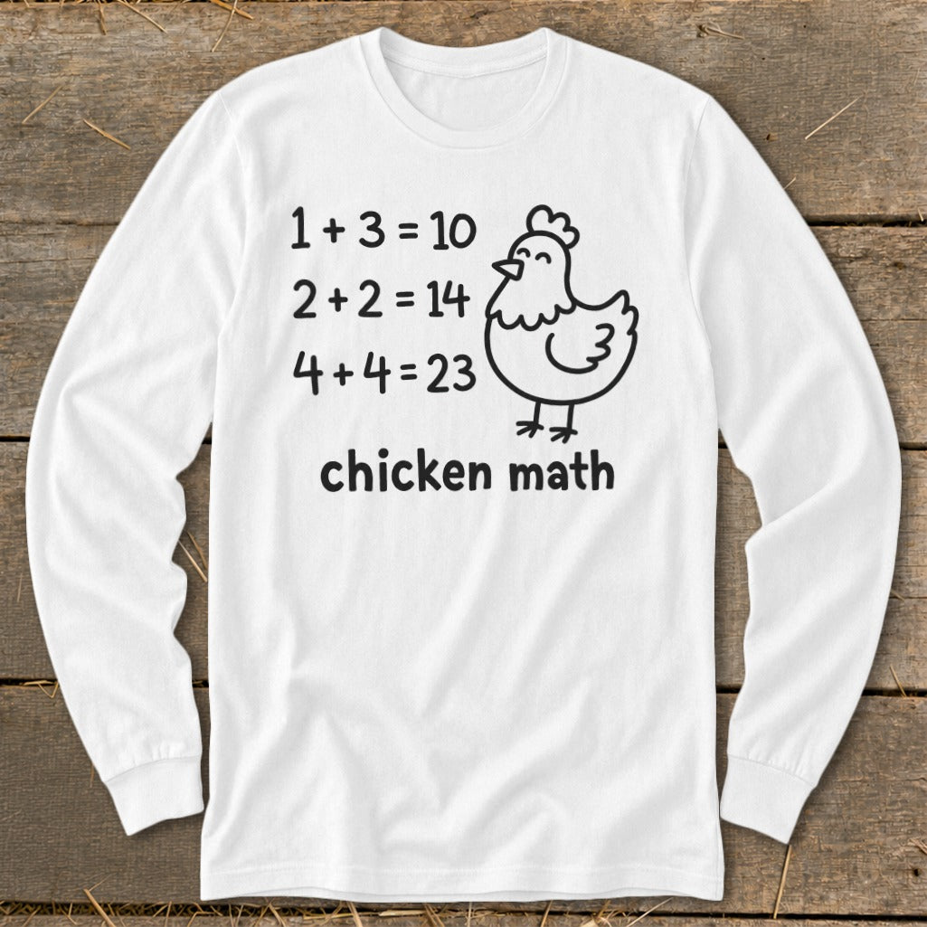 White long-sleeve shirt with "chicken math" and funny math equations.