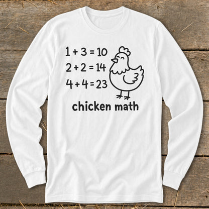 White long-sleeve shirt with "chicken math" and funny math equations.