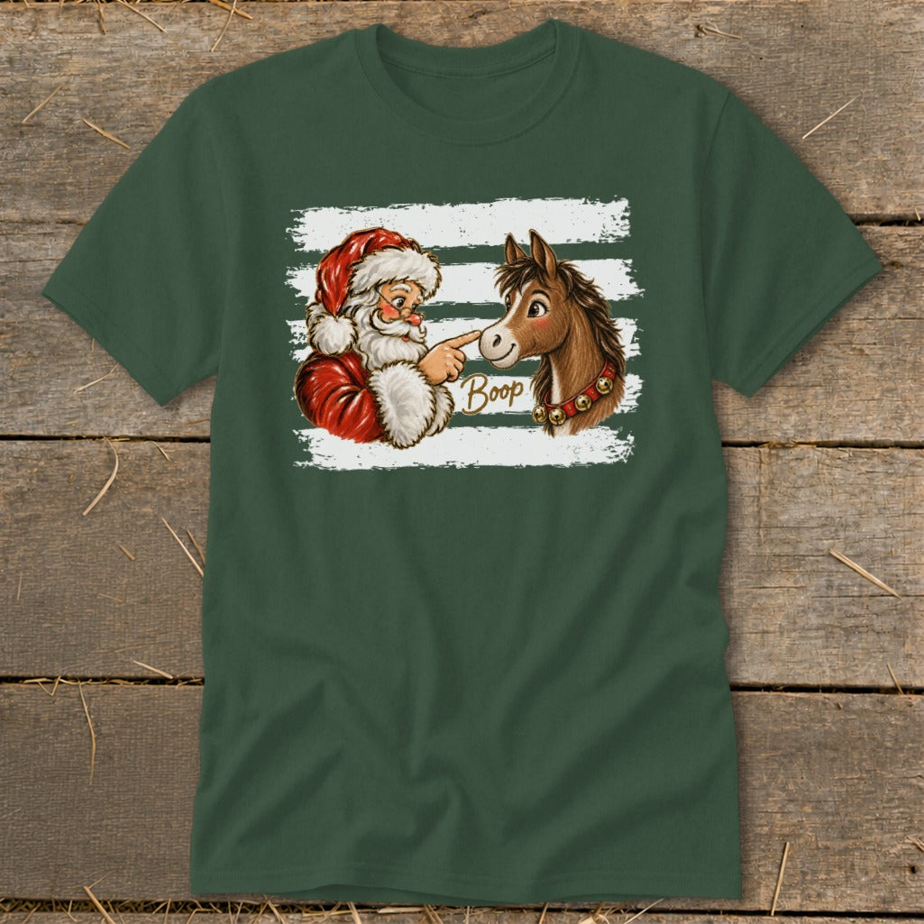Santa booping a horse's nose with the word "Boop" on a green t-shirt.