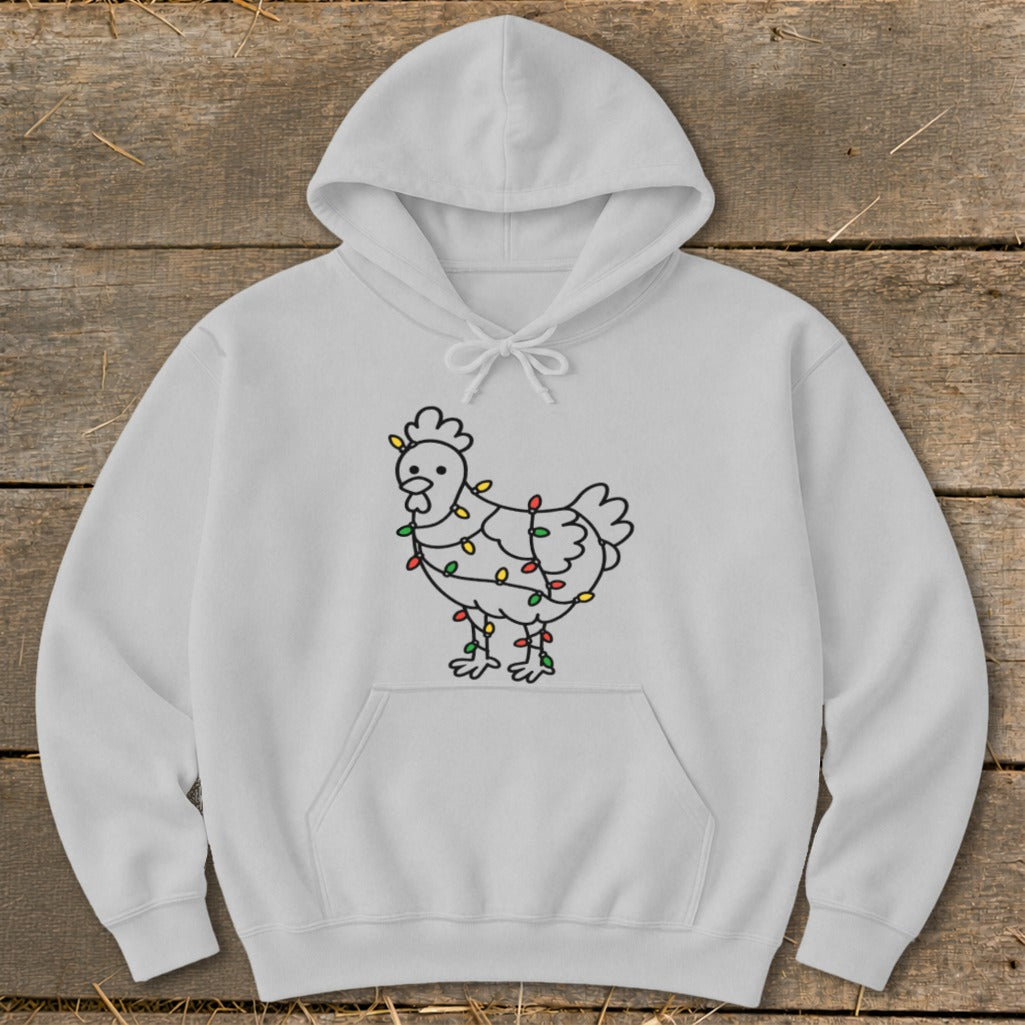 White hoodie with a cartoon chicken wrapped in colorful holiday lights.