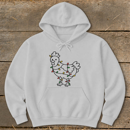 White hoodie with a cartoon chicken wrapped in colorful holiday lights.