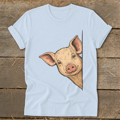Light blue t-shirt with a smiling cartoon pig peeking around the side.