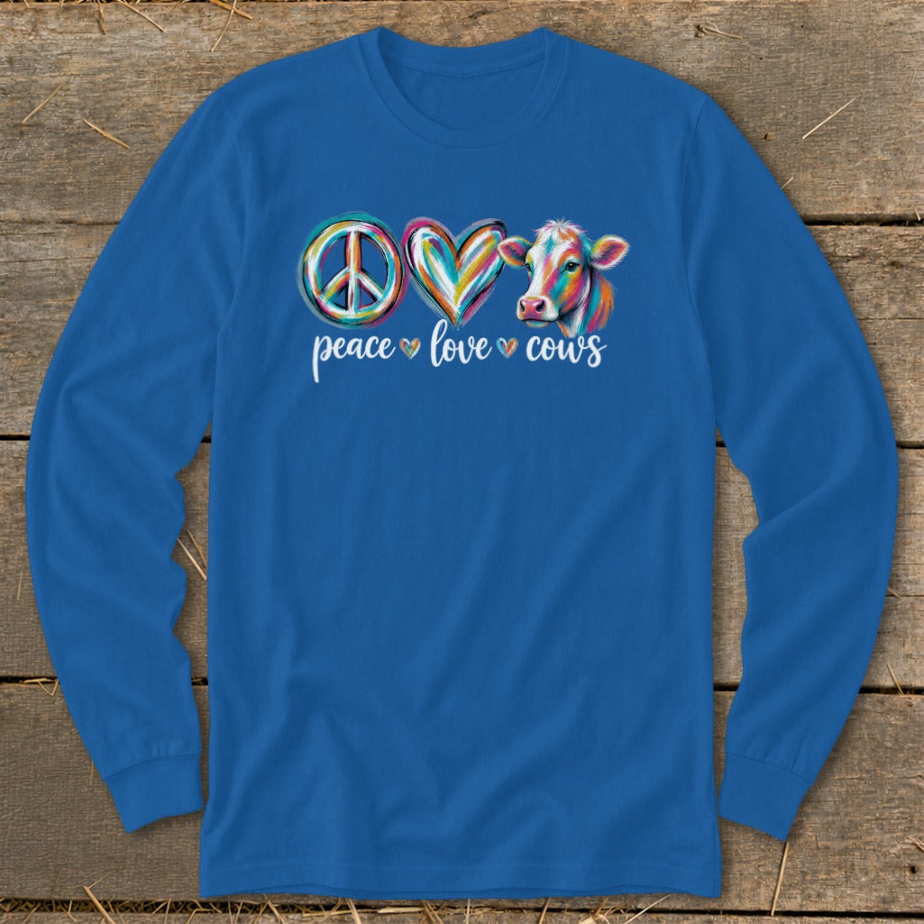 Blue long sleeve shirt with "Peace Love Cows" text and colorful graphics.