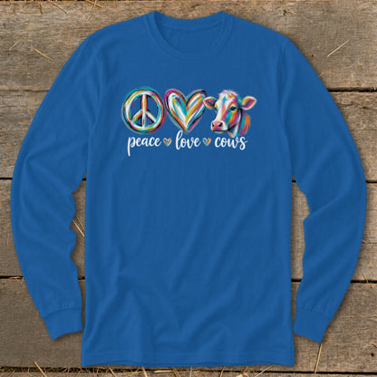 Blue long sleeve shirt with "Peace Love Cows" text and colorful graphics.