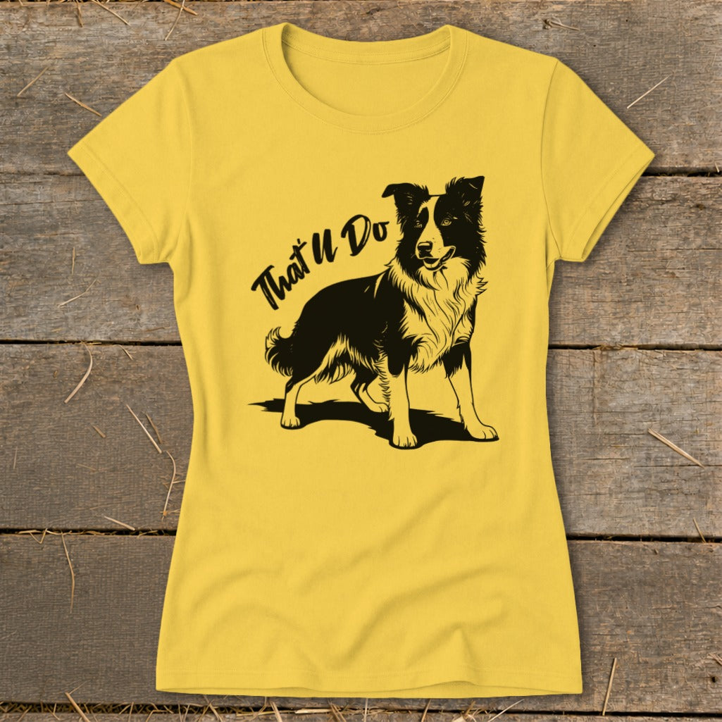 Yellow t-shirt with black Border Collie dog graphic and "That U Do" text.