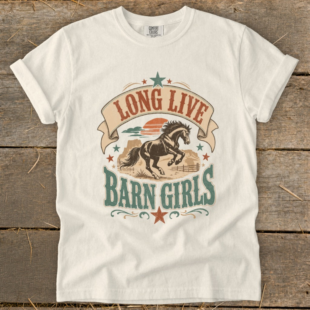 White t-shirt with "Long Live Barn Girls" text and a horse graphic.