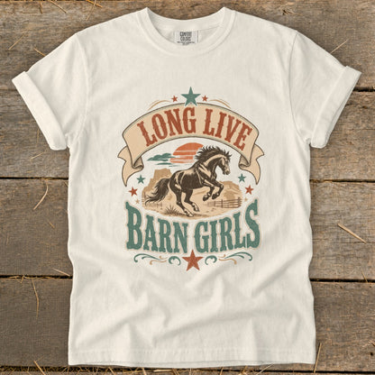 White t-shirt with "Long Live Barn Girls" text and a horse graphic.