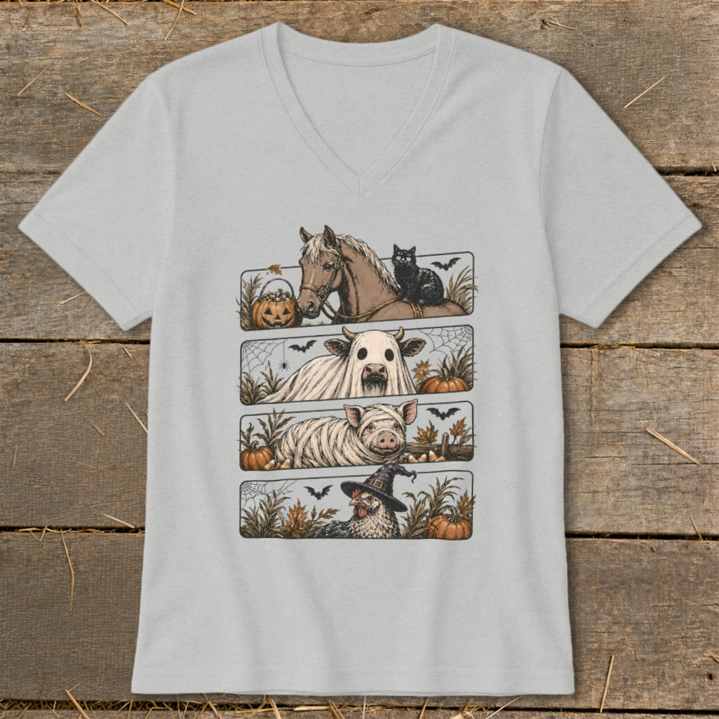 T-shirt with Halloween-themed farm animals: horse, ghost cow, mummy pig, and witch chicken.