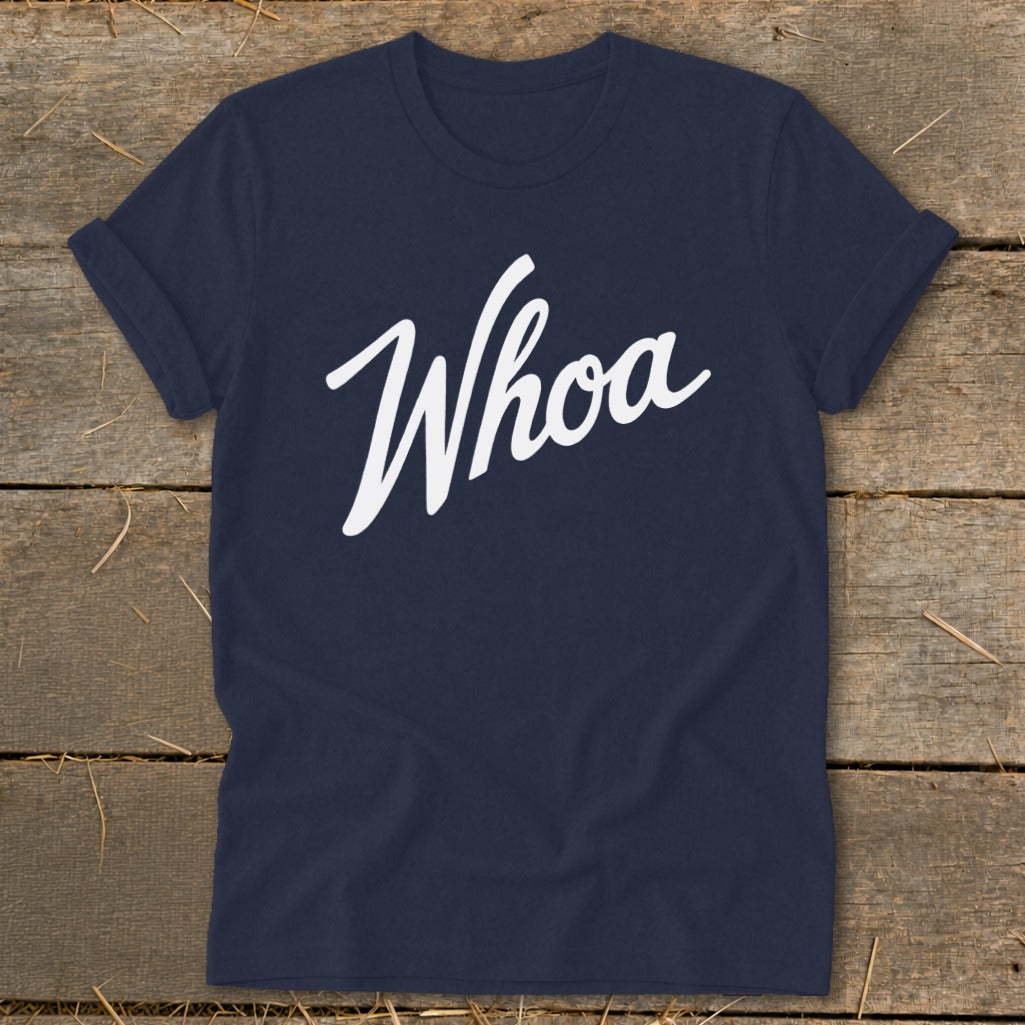 Navy t-shirt with white "Whoa" text in a cursive font.