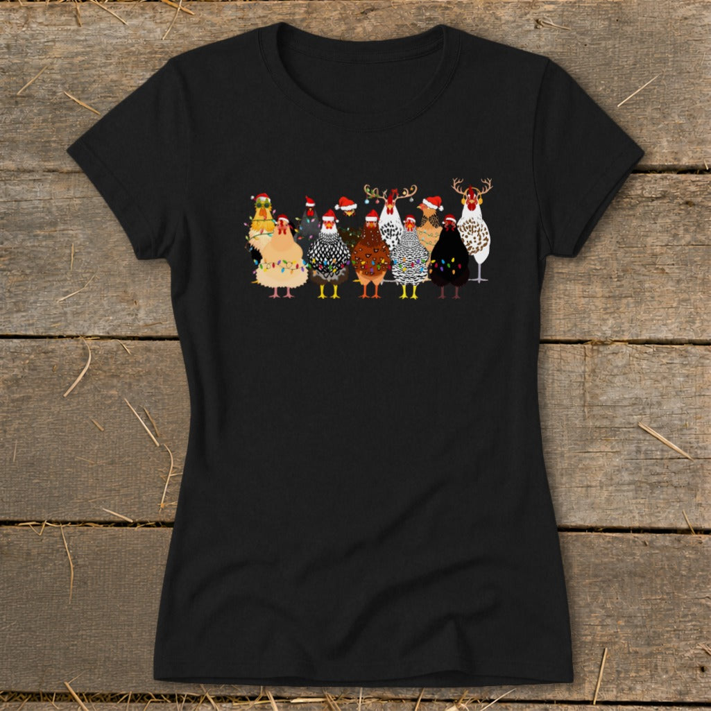 Black t-shirt featuring cartoon chickens wearing Santa hats and Christmas lights.