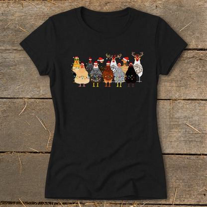 Black t-shirt featuring cartoon chickens wearing Santa hats and Christmas lights.