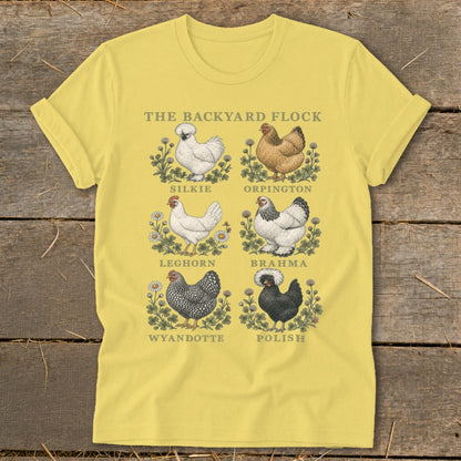 Yellow t-shirt with "The Backyard Flock" text and illustrations of six chicken breeds.