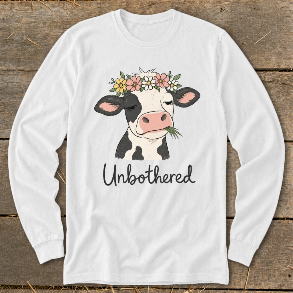 White long-sleeve shirt featuring a cow wearing a flower crown and the text "Unbothered".
