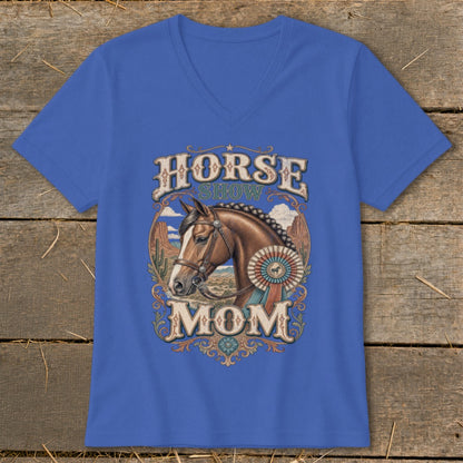 Blue t-shirt with "Horse Show Mom" graphic featuring a horse and award ribbon.