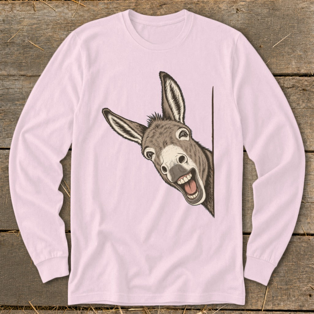 Pink long-sleeve shirt with a surprised donkey graphic peeking from the side.