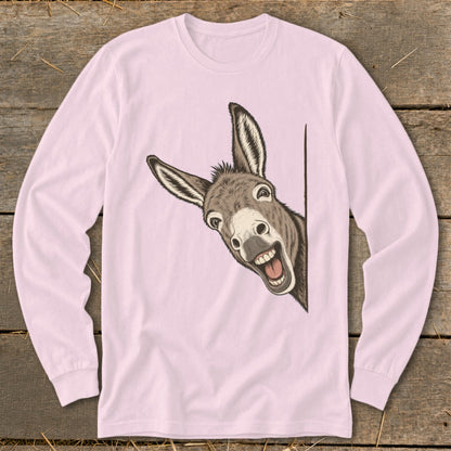 Pink long-sleeve shirt with a surprised donkey graphic peeking from the side.