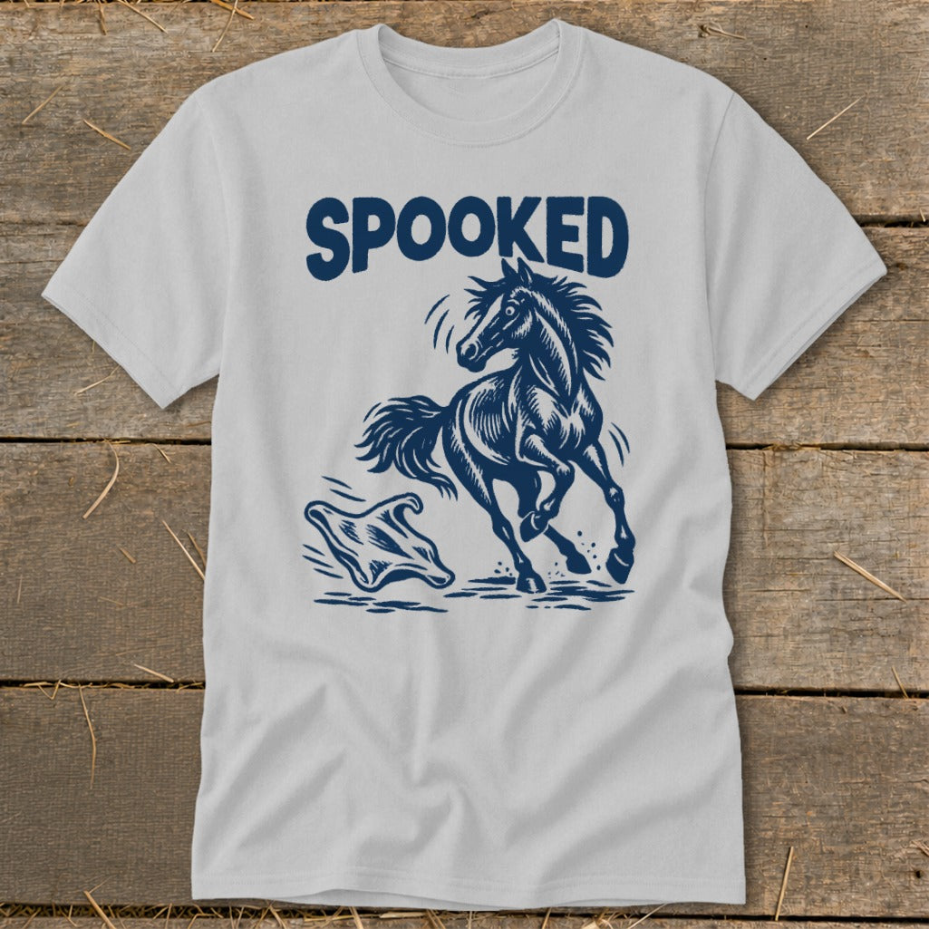 Light grey t-shirt with dark blue "SPOOKED" text and a startled horse with a ghost.
