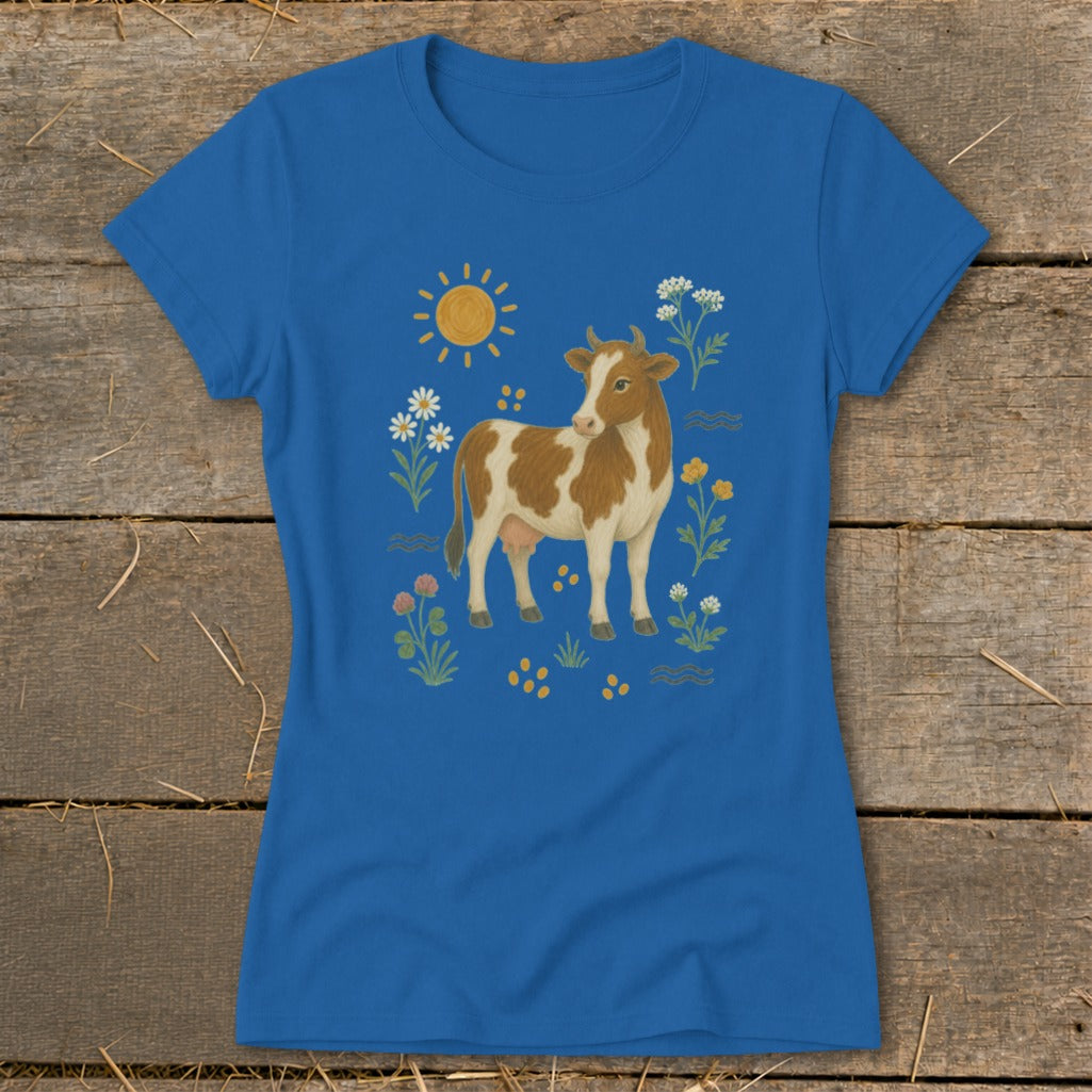 Blue t-shirt with brown and white cow and floral design.
