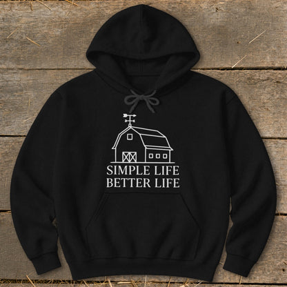 Black hoodie with white barn graphic and text "SIMPLE LIFE BETTER LIFE".