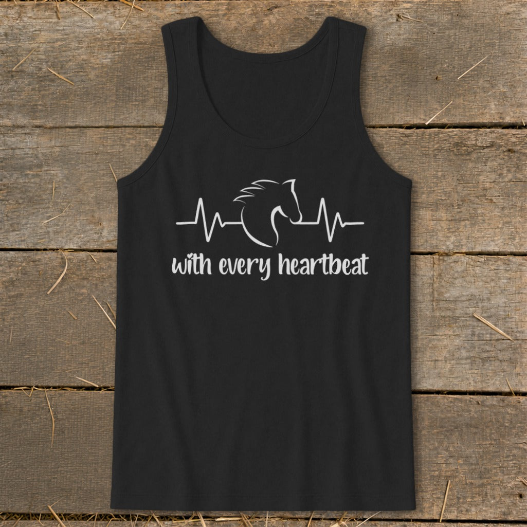 Black tank top with white horse and heartbeat design that reads "with every heartbeat".