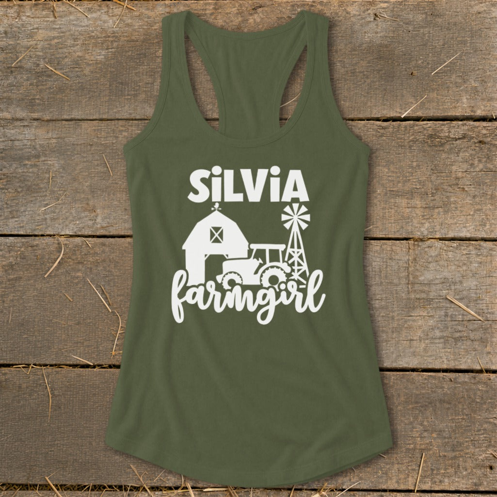 Olive green tank top with white "SILVIA farmgirl" graphic featuring a barn, tractor, and windmill.