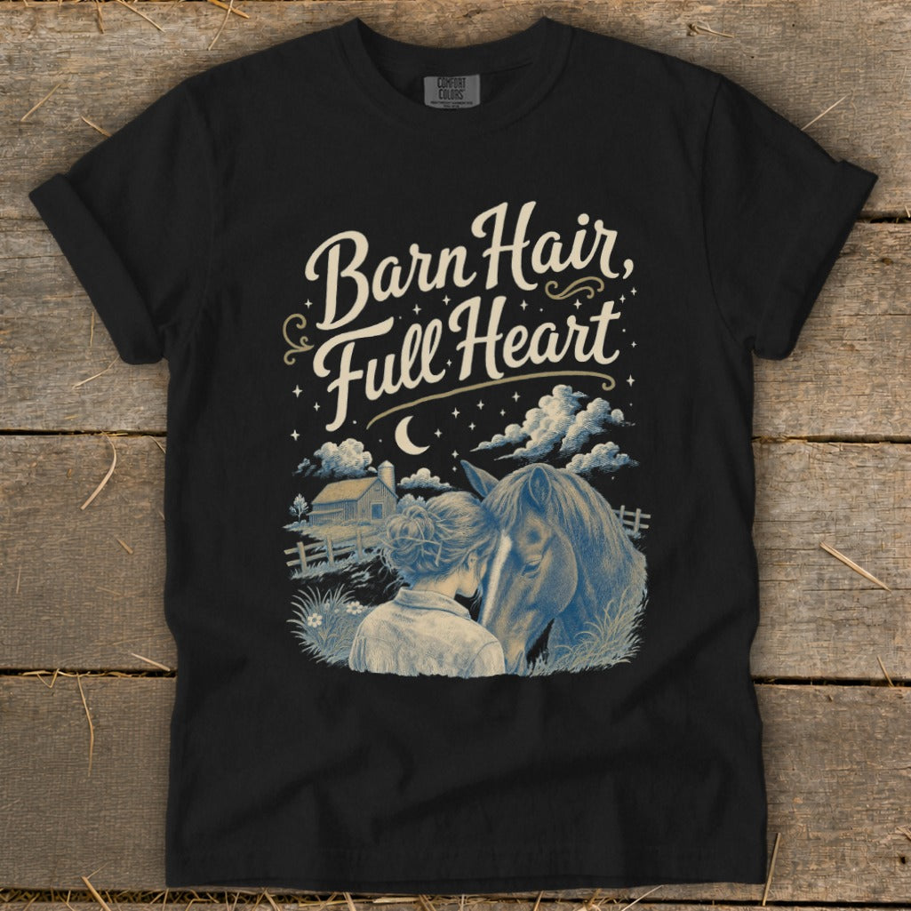 Black t-shirt with "Barn Hair, Full Heart" text and illustration of girl with horse.