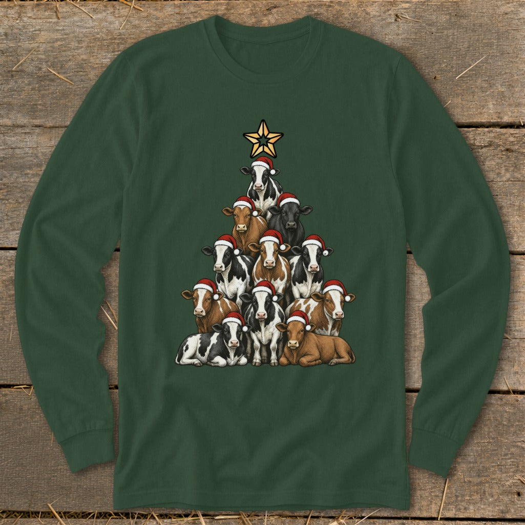 Christmas tree made of cows wearing Santa hats with a star on top.