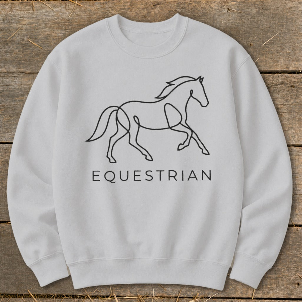 Light gray sweatshirt with a black line drawing of a running horse and the word EQUESTRIAN.