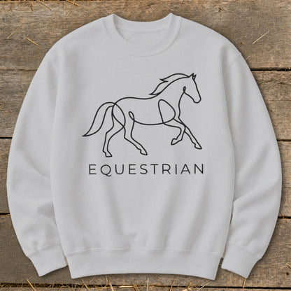 Light gray sweatshirt with a black line drawing of a running horse and the word EQUESTRIAN.