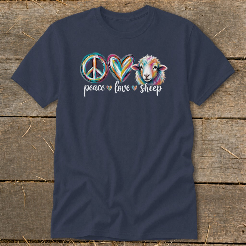 Navy t-shirt with peace, heart, and sheep graphic with text peace love sheep.