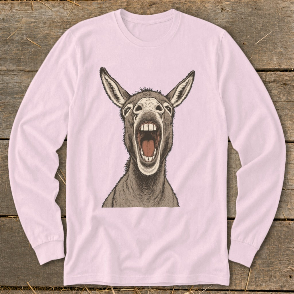 Long-sleeve pink t-shirt with a drawing of a donkey with its mouth open wide.