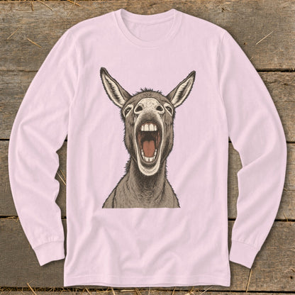 Long-sleeve pink t-shirt with a drawing of a donkey with its mouth open wide.