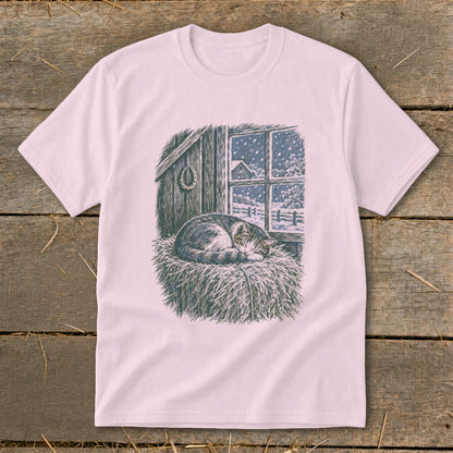 Cat sleeping on hay bale by window with snow falling outside.