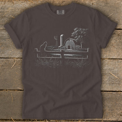 Barn scene with cat on fence, windmill, and tree, in white outline.