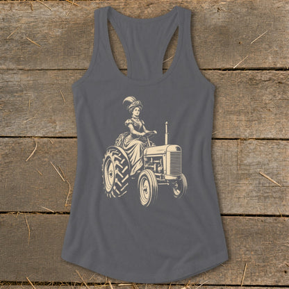 Vintage-style woman in a long dress and feathered hat driving a tractor.