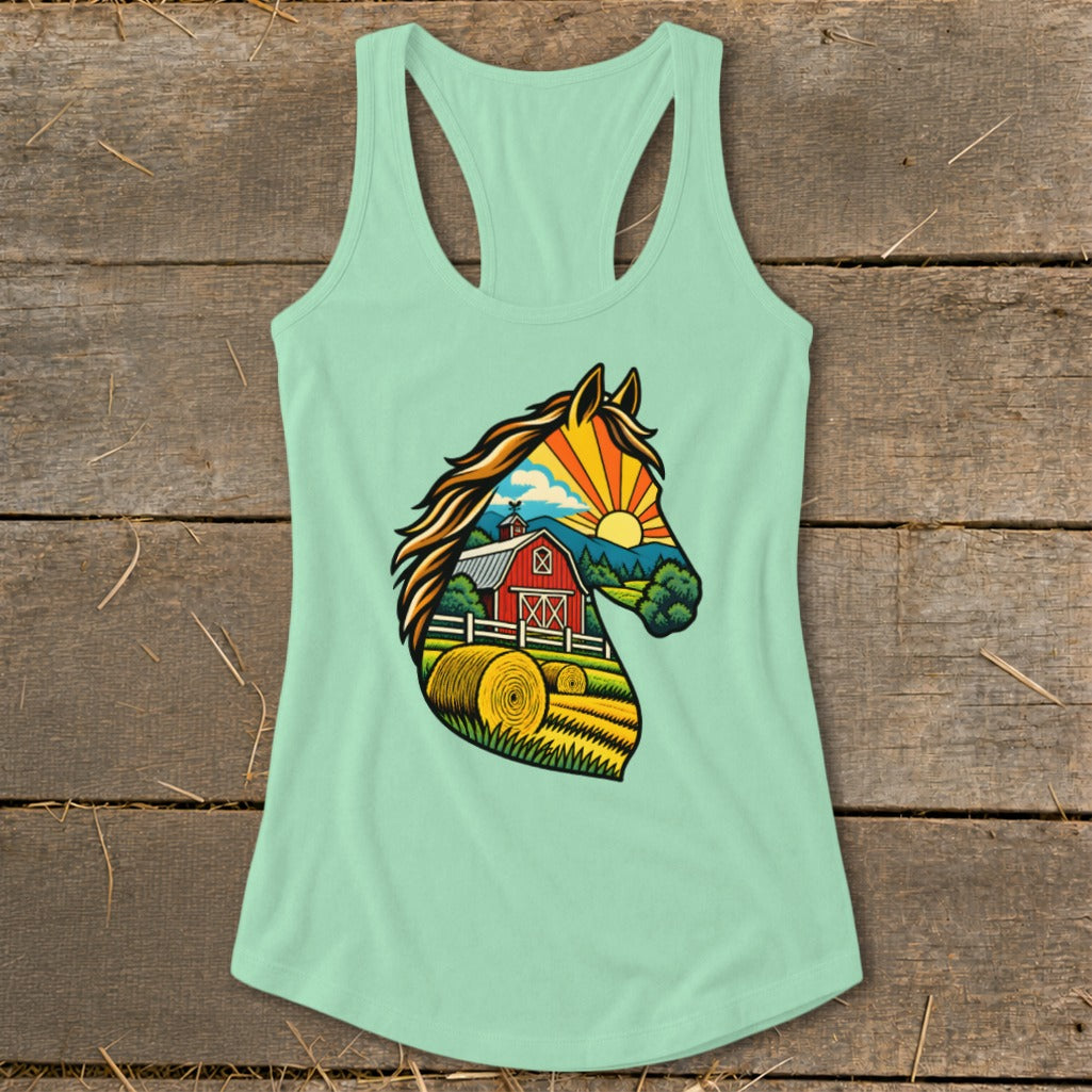A mint green women's racerback tank top featuring a colorful horse head graphic filled with a farm scene.